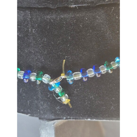 Beaded Stretch Necklace Blue Green and Clear Beads - Picture 3 of 4